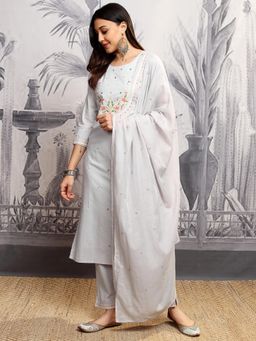 VISHUDH - Women Grey Floral Kurta with Pant & Dupatta (Set of 3)