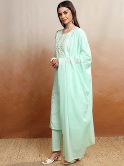 VISHUDH - Women Green Embroidered Kurta with Pant & Dupatta (Set of 3)