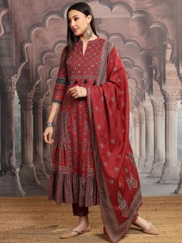 VISHUDH - Women Maroon Printed Anarkali Kurta with Pant & Dupatta (Set of 3)