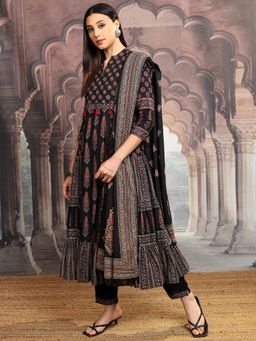 VISHUDH - Women Black Printed Anarkali Kurta with Pant & Dupatta (Set of 3)