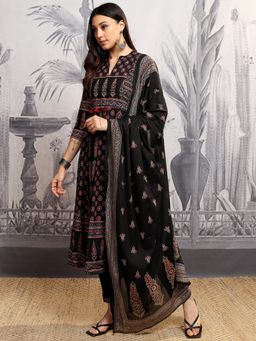 VISHUDH - Women Black Printed Anarkali Kurta with Pant & Dupatta (Set of 3)