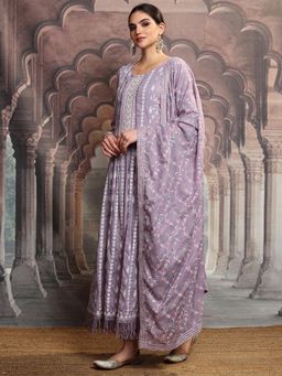 VISHUDH - Women Purple Embroidered Anarkali Kurta with Pant & Dupatta (Set of 3)