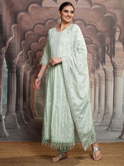 VISHUDH - Women Green Embroidered Anarkali Kurta with Pant & Dupatta (Set of 3)