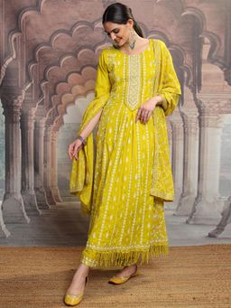 VISHUDH - Women Mustard Embroidered Anarkali Kurta with Pant & Dupatta (Set of 3)