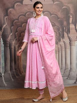 VISHUDH - Women Pink Embroidered Anarkali Kurta with Pant & Dupatta (Set of 3)