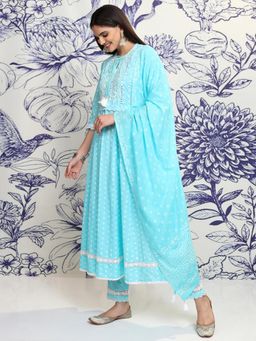 VISHUDH - Women Blue Embroidered Anarkali Kurta with Pant & Dupatta (Set of 3)