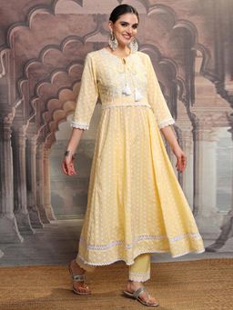 VISHUDH - Women Yellow Embroidered Anarkali Kurta with Pant & Dupatta (Set of 3)