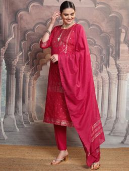 VISHUDH - Women Red Woven Kurta with Pant & Dupatta (Set of 3)