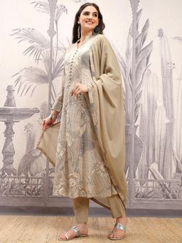 VISHUDH - Women Beige Floral Kurta with Pant & Dupatta (Set of 3)