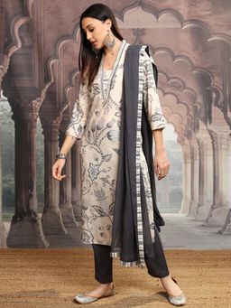 VISHUDH - Women Cream Floral Kurta with Pant & Dupatta (Set of 3)