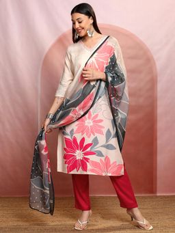 VISHUDH - Women Cream Floral Kurta with Pant & Dupatta (Set of 3)