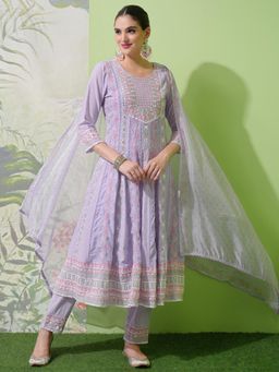 VISHUDH - Women Lavender Embroidered Anarkali Kurta with Pant & Dupatta (Set of 3)