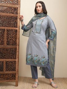 VISHUDH - Women Grey Printed Kurta with Pant & Dupatta (Set of 3)