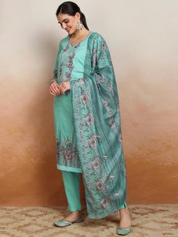 VISHUDH - Women Green Printed Kurta with Pant & Dupatta (Set of 3)