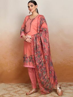VISHUDH - Women Peach Printed Kurta with Pant & Dupatta (Set of 3)