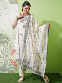 VISHUDH - Women Off White Woven Kurta with Pant & Dupatta (Set of 3)