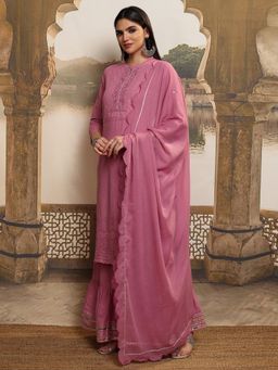 VISHUDH - Women Pink Embroidered Kurta with Sharara & Dupatta (Set of 3)