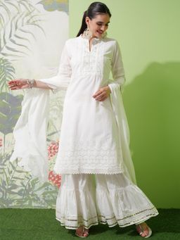 VISHUDH - Women White Embroidered Kurta with Sharara & Dupatta (Set of 3)