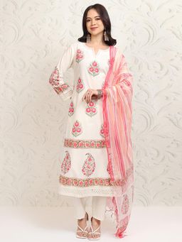 VISHUDH - Women Off White Floral Kurta with Pant & Dupatta (Set of 3)
