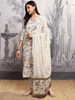 VISHUDH - Women Yellow Floral Kurta with Pant & Dupatta (Set of 3)