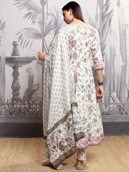 VISHUDH - Women Grey Floral Anarkali Kurta with Pant & Dupatta (Set of 3)