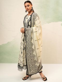 VISHUDH - Women Cream Floral Anarkali Kurta with Pant & Dupatta (Set of 3)