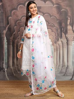 VISHUDH - Women White Floral Kurta with Pant & Dupatta (Set of 3)