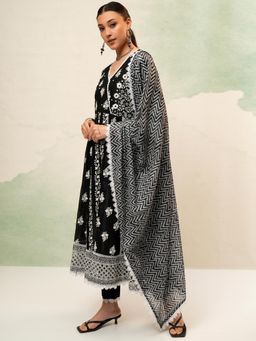 VISHUDH - Women Black Embroidered Angrakha Kurta with Pant & Dupatta (Set of 3)