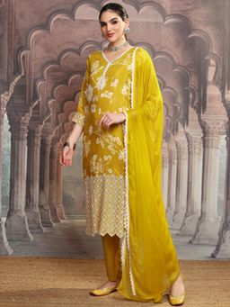 VISHUDH - Women Mustard Floral Kurta with Pant & Dupatta (Set of 3)