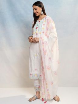 VISHUDH - Women White Embroidered Kurta with Pant & Dupatta (Set of 3)