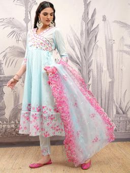 VISHUDH - Women Blue Embroidered Angrakha Kurta with Pant & Dupatta (Set of 3)