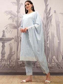 VISHUDH - Women Blue Embroidered Kurta with Pant & Dupatta (Set of 3)