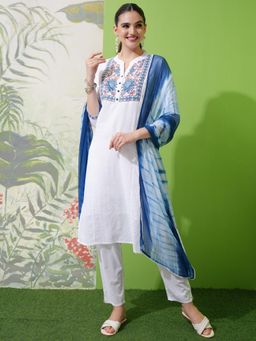 VISHUDH - Women White Embroidered Kurta with Pant & Dupatta (Set of 3)