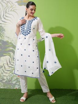 VISHUDH - Women White Embroidered Kurta with Pant & Dupatta (Set of 3)