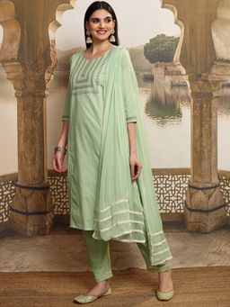VISHUDH - Women Green Embroidered Kurta with Pant & Dupatta (Set of 3)