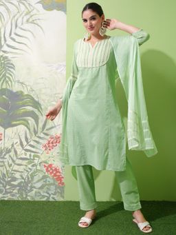 VISHUDH - Women Green Embroidered Kurta with Pant & Dupatta (Set of 3)