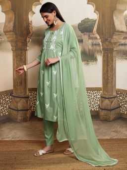 VISHUDH - Women Green Embroidered Kurta with Pant & Dupatta (Set of 3)