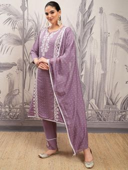 VISHUDH - Women Lavender Embroidered Kurta with Pant & Dupatta (Set of 3)