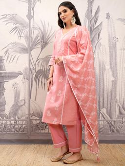 VISHUDH - Women Pink Floral Kurta with Pant & Dupatta (Set of 3)