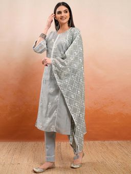 VISHUDH - Women Grey Floral Kurta with Pant & Dupatta (Set of 3)