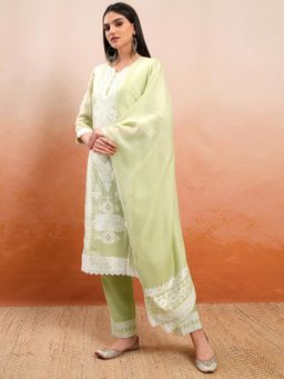 VISHUDH - Women Green Woven Kurta with Pant & Dupatta (Set of 3)