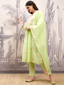 VISHUDH - Women Green Embroidered Angrakha Kurta with Pant & Dupatta (Set of 3)