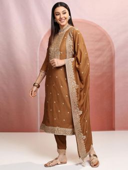 VISHUDH - Women Brown Woven Kurta with Pant & Dupatta (Set of 3)