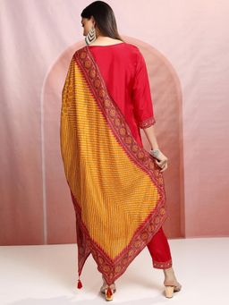 VISHUDH - Women Red Embroidered Kurta with Pant & Dupatta (Set of 3)