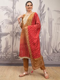 VISHUDH - Women Brown Printed Kurta with Pant & Dupatta (Set of 3)