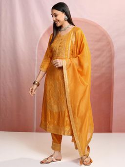 VISHUDH - Women Mustard Woven Kurta with Pant & Dupatta (Set of 3)