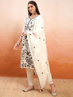VISHUDH - Women Off White Floral Kurta with Pant & Dupatta (Set of 3)