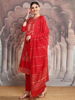 VISHUDH - Women Red Woven Kurta with Pant & Dupatta (Set of 3)