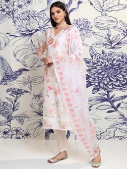 VISHUDH - Women Pink Floral Kurta with Pant & Dupatta (Set of 3)
