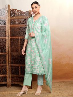 VISHUDH - Women Green Floral Kurta with Pant & Dupatta (Set of 3)